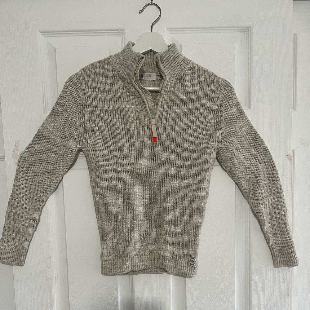Boy Size 6/7 Cream/Tan long sleeve 100% cotton zip-up turtleneck sweater